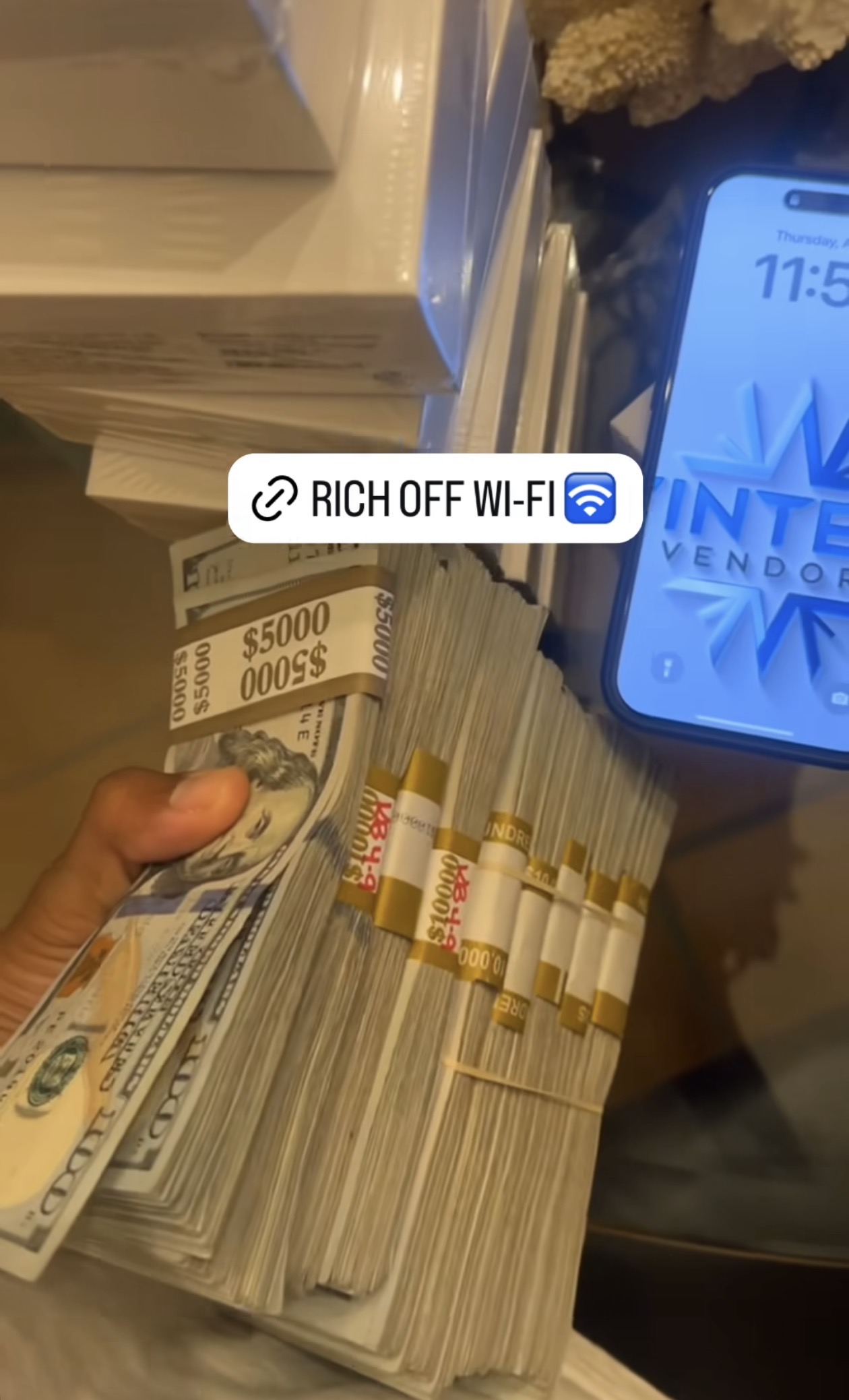 Rich off Wi-Fi - stacks of cash earnings